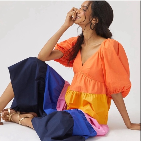 Farm‎ Rio Anthropologie Puff Sleeve Ruffled Tier Color block Maxi Dress - Picture 5 of 15